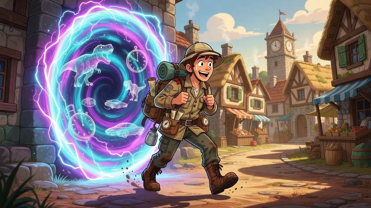 Cartoon traveler stepping out of a glowing time portal