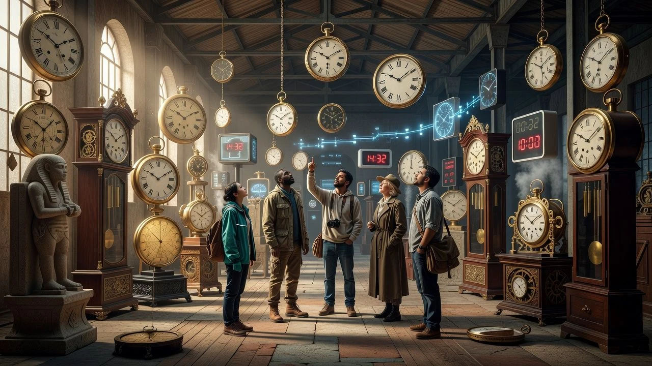 Group of travelers standing among clocks from different eras