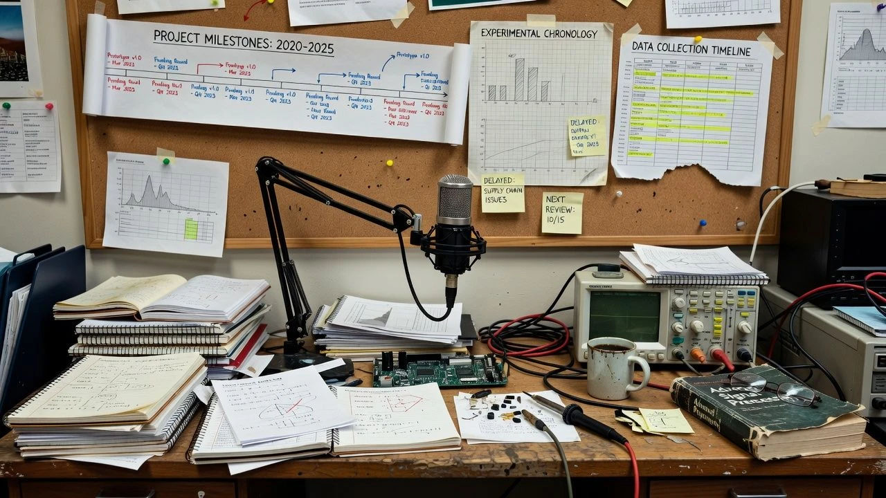 Cluttered lab desk with timelines pinned above a microphone