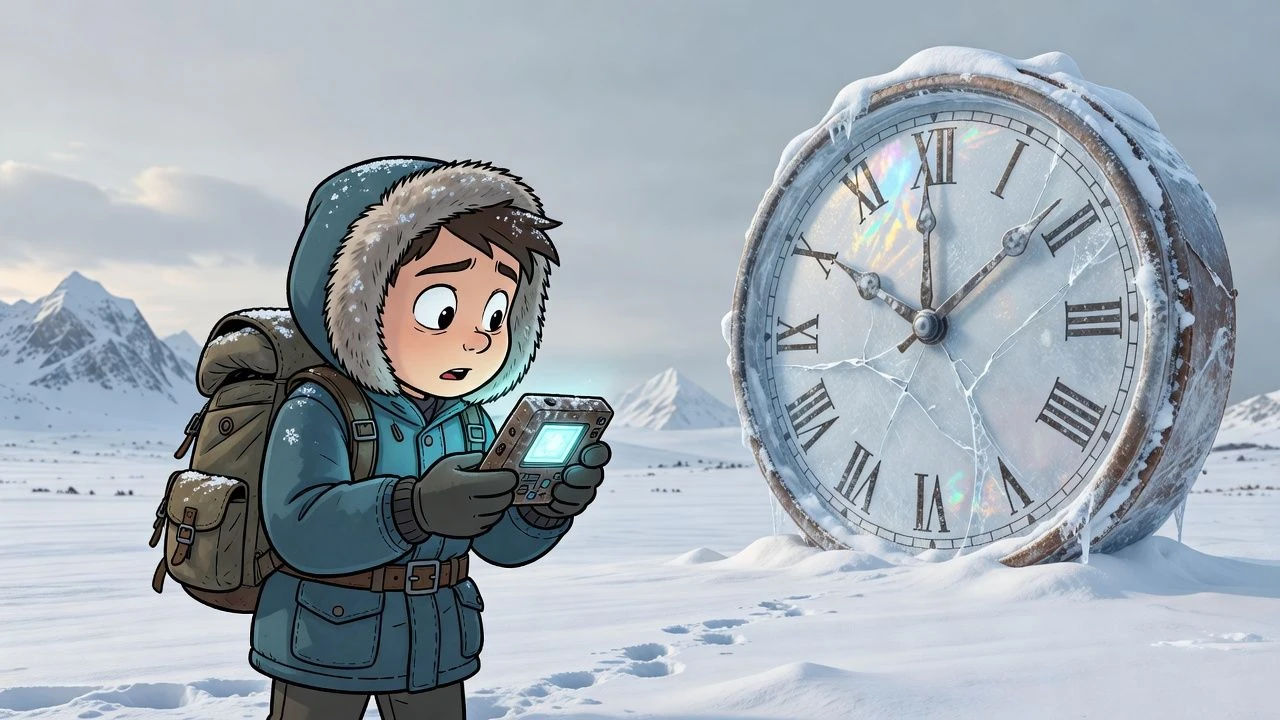 Lone cartoon wanderer checking a device beside a frozen clock