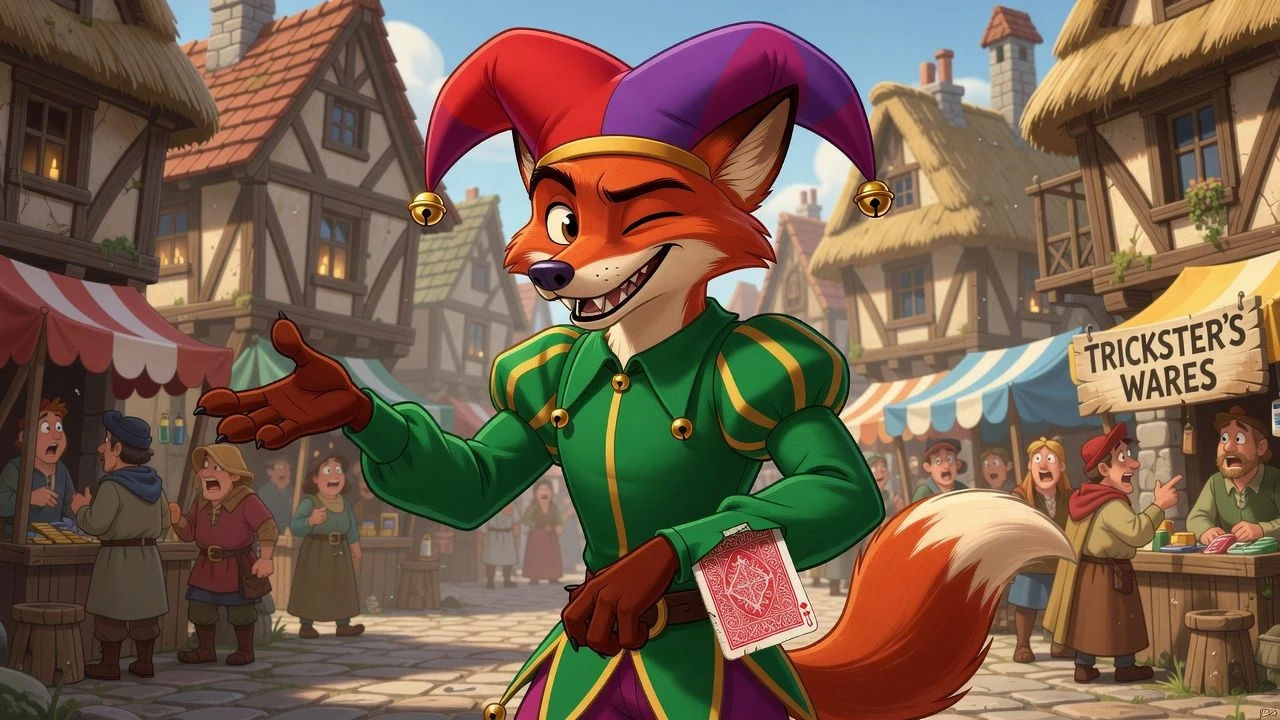 Cartoon trickster winking with a card hidden up a sleeve