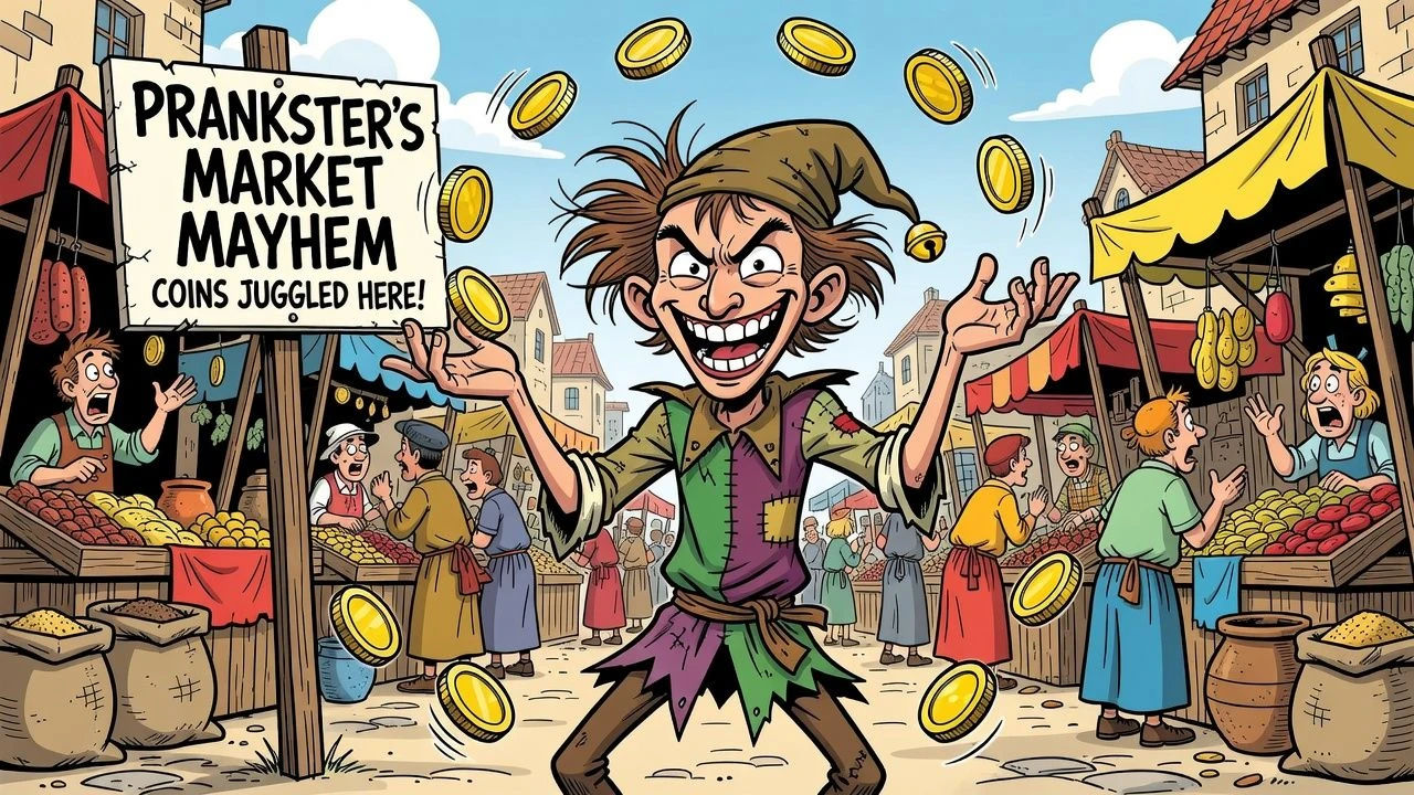 Grinning cartoon prankster juggling coins in a market