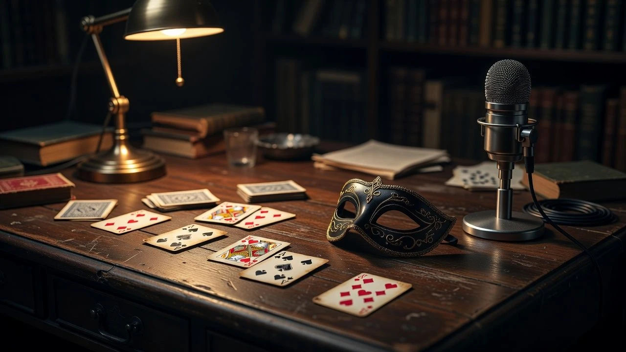 Playing cards and a mask on a desk beside a microphone