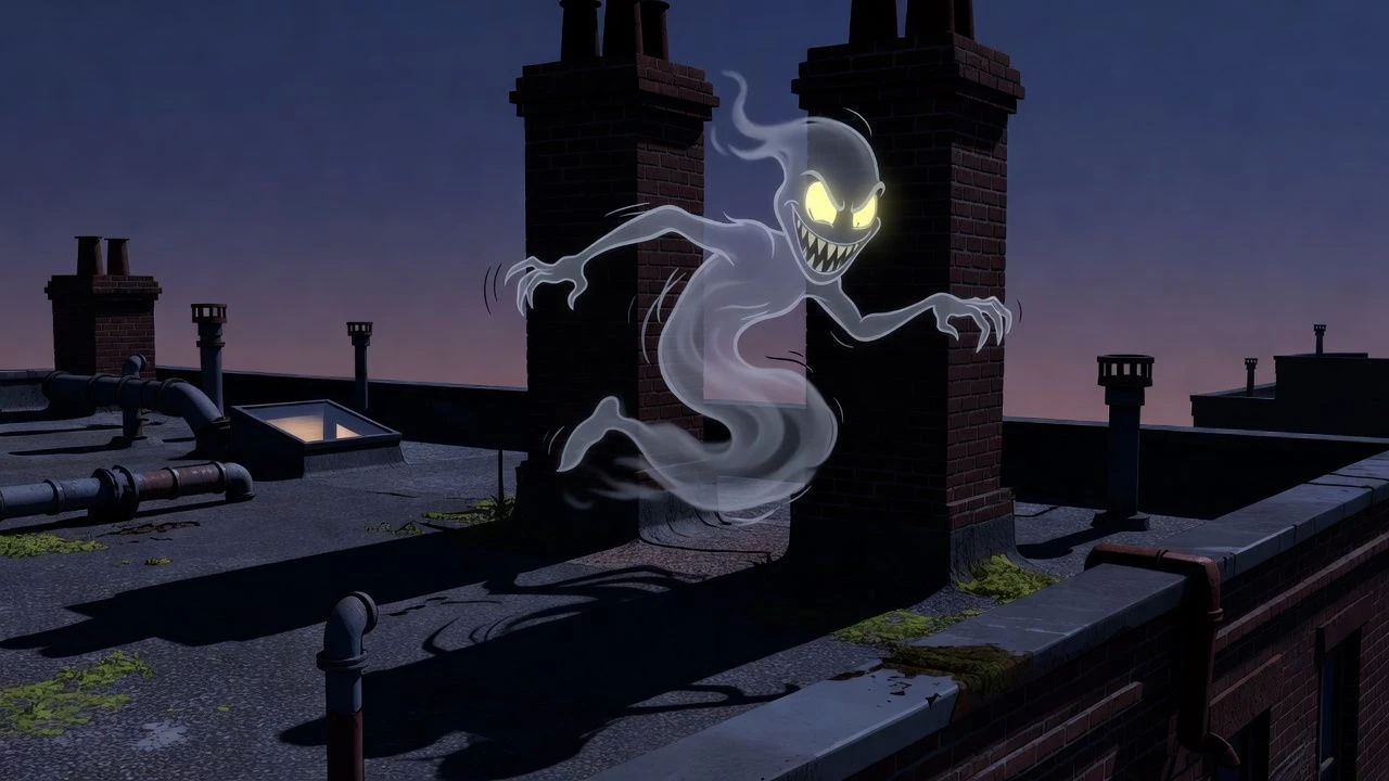 Impish cartoon spirit slipping between shadows on a rooftop