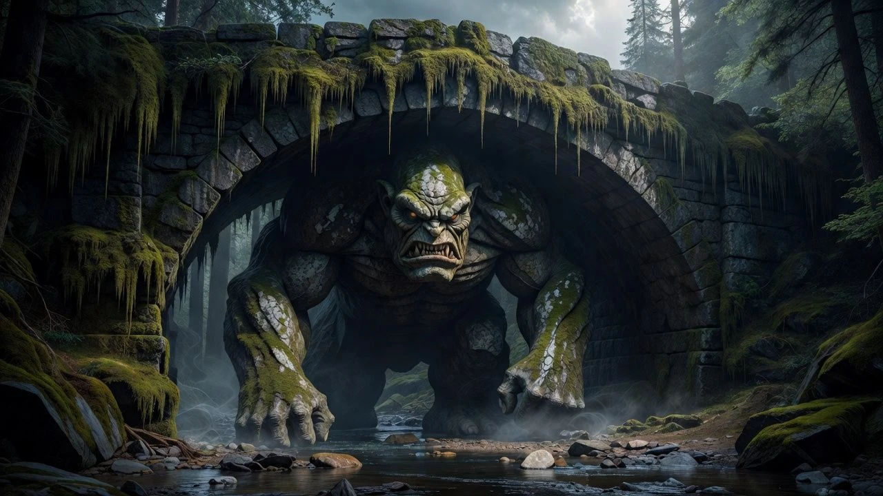 Massive stone troll looming under a mossy bridge