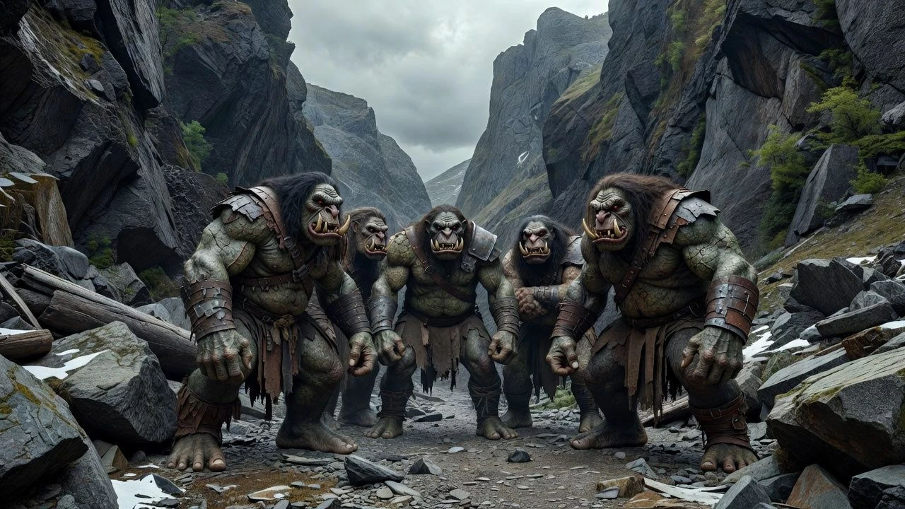 Group of hulking trolls gathered in a rocky mountain pass