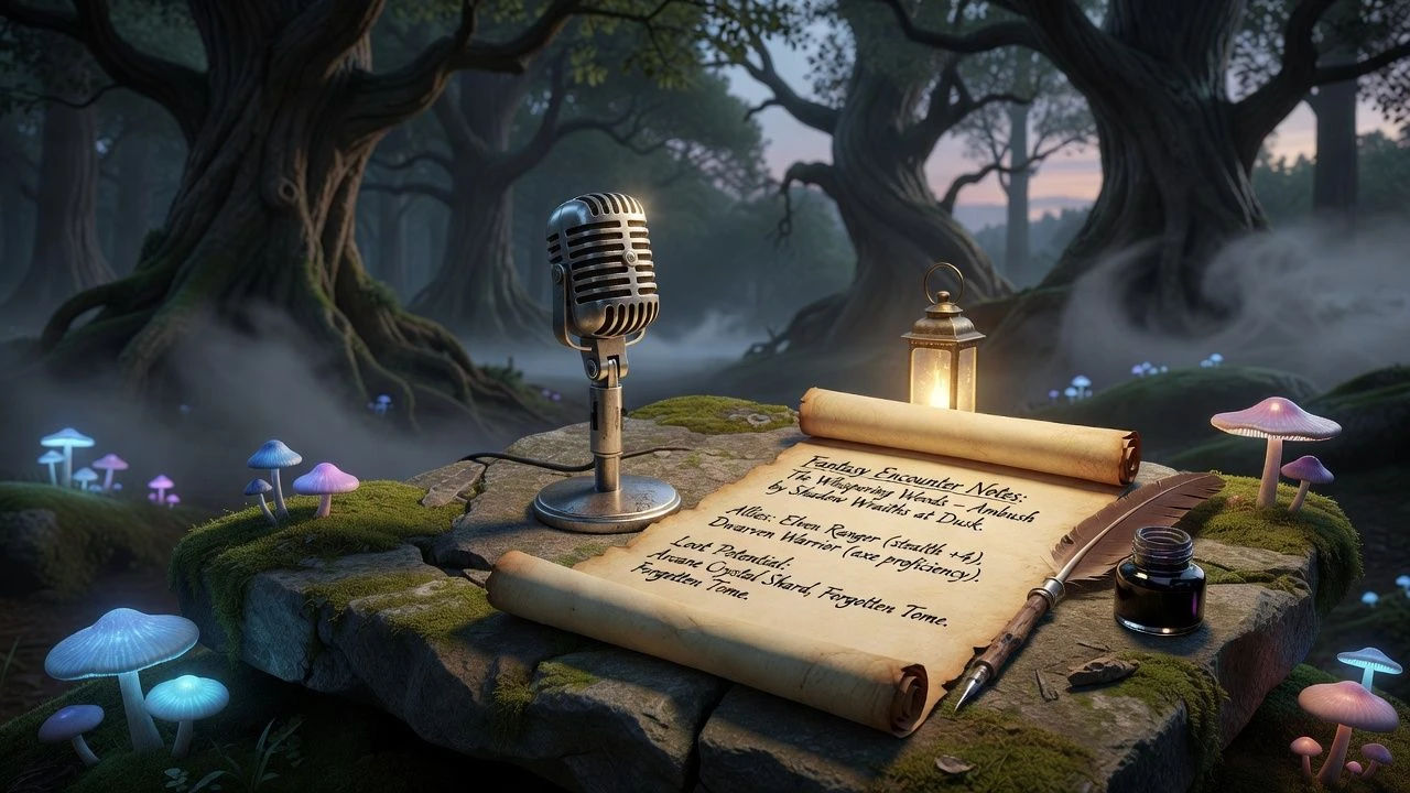 Fantasy encounter notes beside a microphone on a stone slab