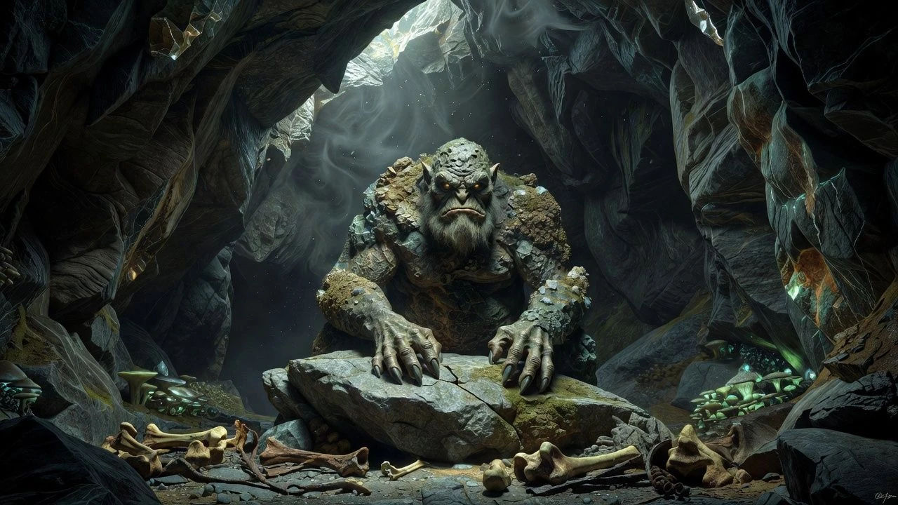 Ancient craggy troll seated in a dim mountain cave