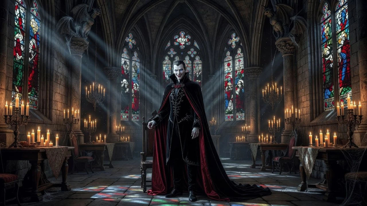 Pale caped vampire smiling in a candlelit gothic hall