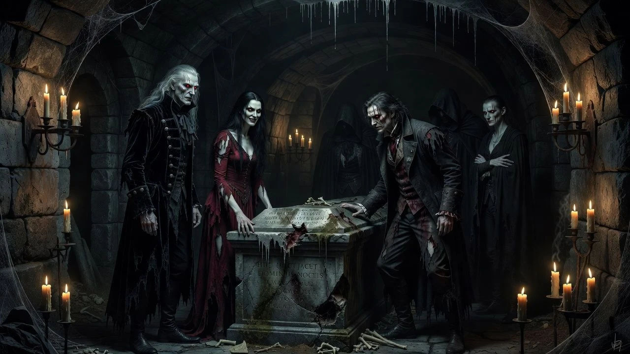 Group of vampires gathered in a shadowed candlelit crypt