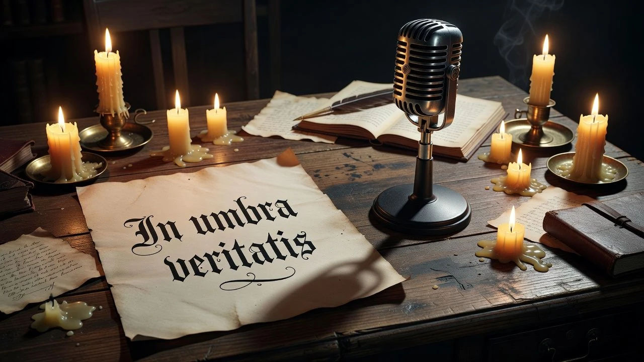 Gothic script beside a microphone on a candlelit desk