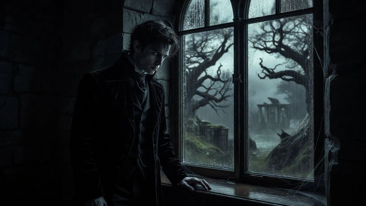 Brooding young vampire alone by a rain-streaked window