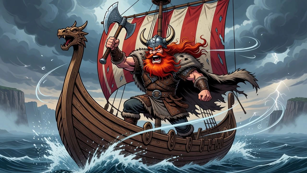 Cartoon viking jarl raising an axe on a windswept longship