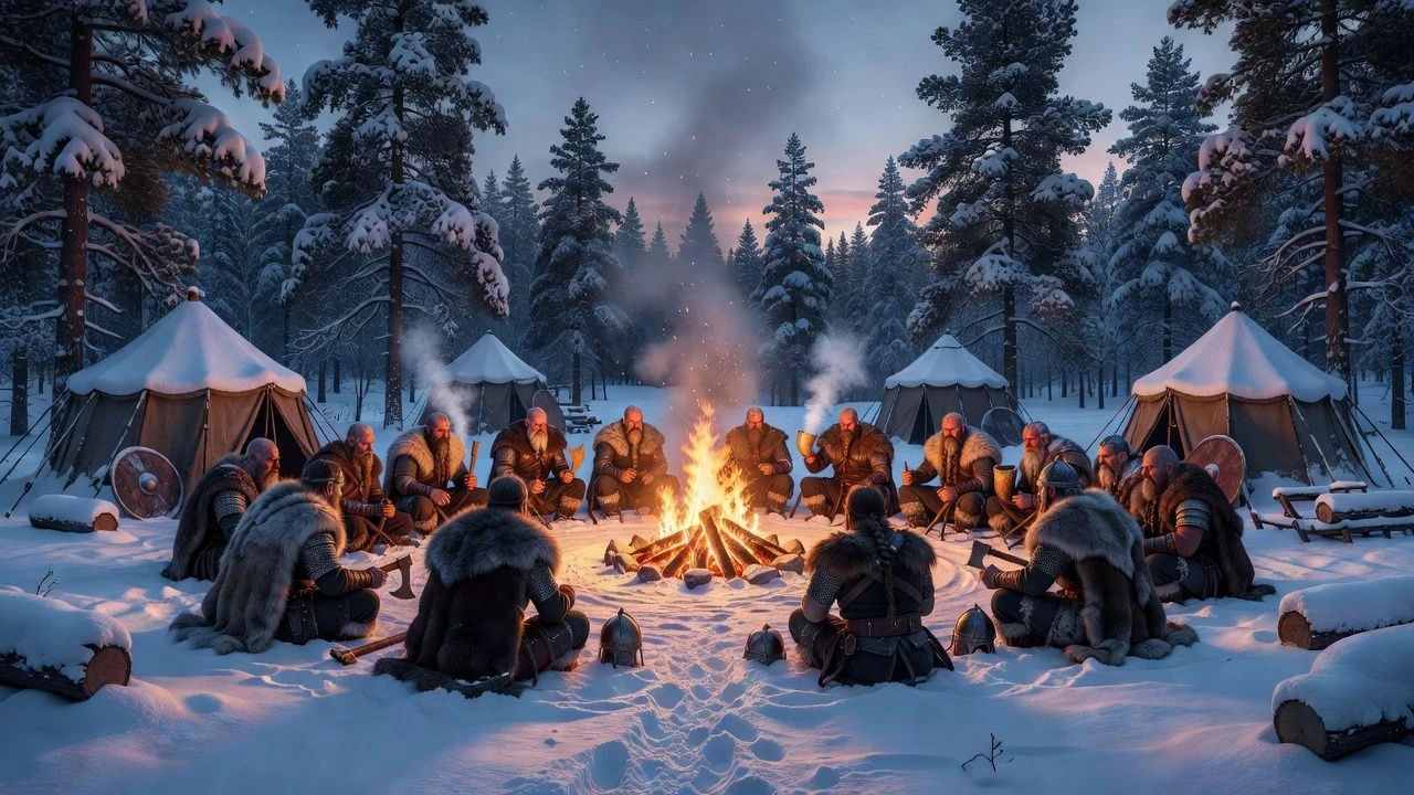 Viking war band gathered around a fire in a snowy camp