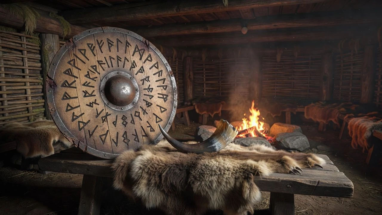 Rune-carved shield and horn resting on a fur-covered bench