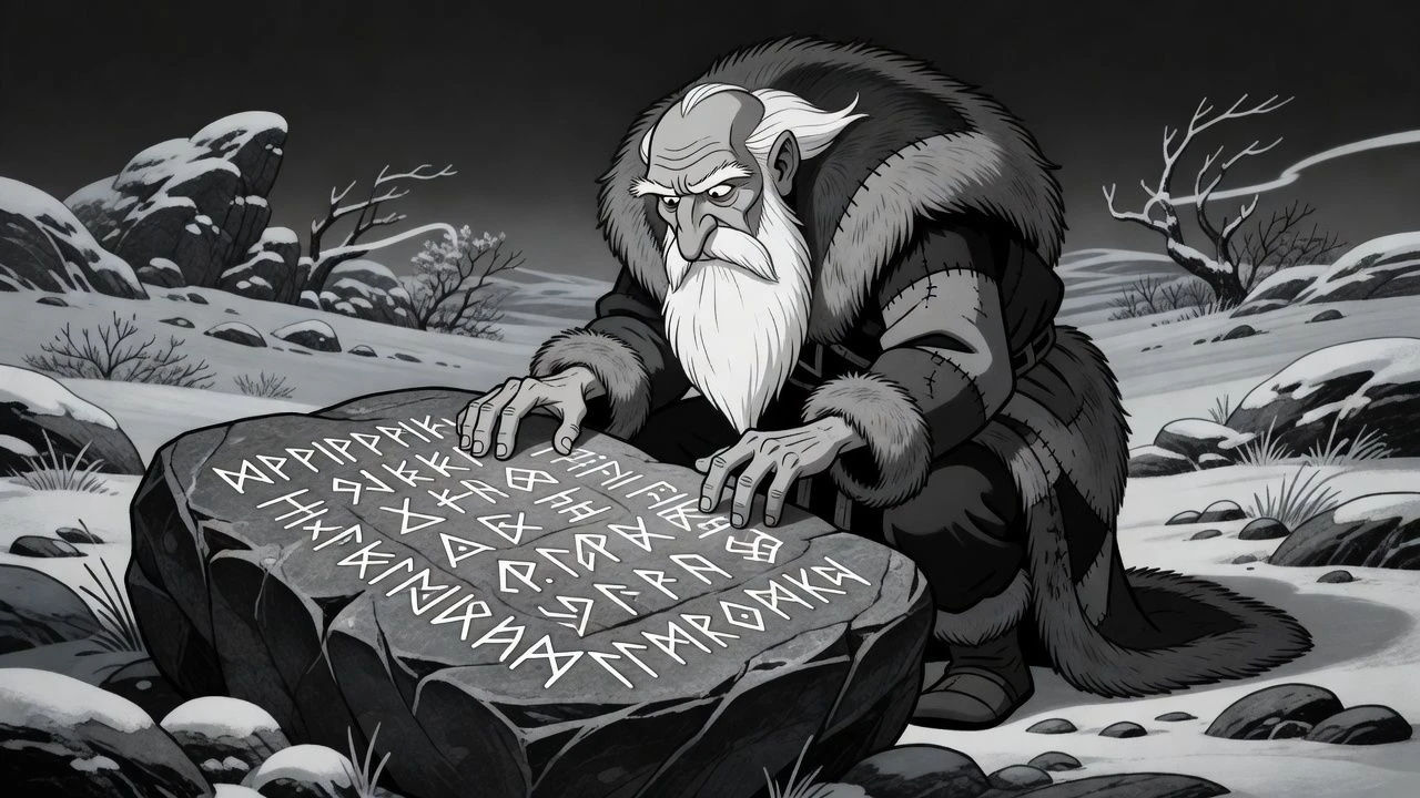 Old cartoon seer in furs staring into carved runes