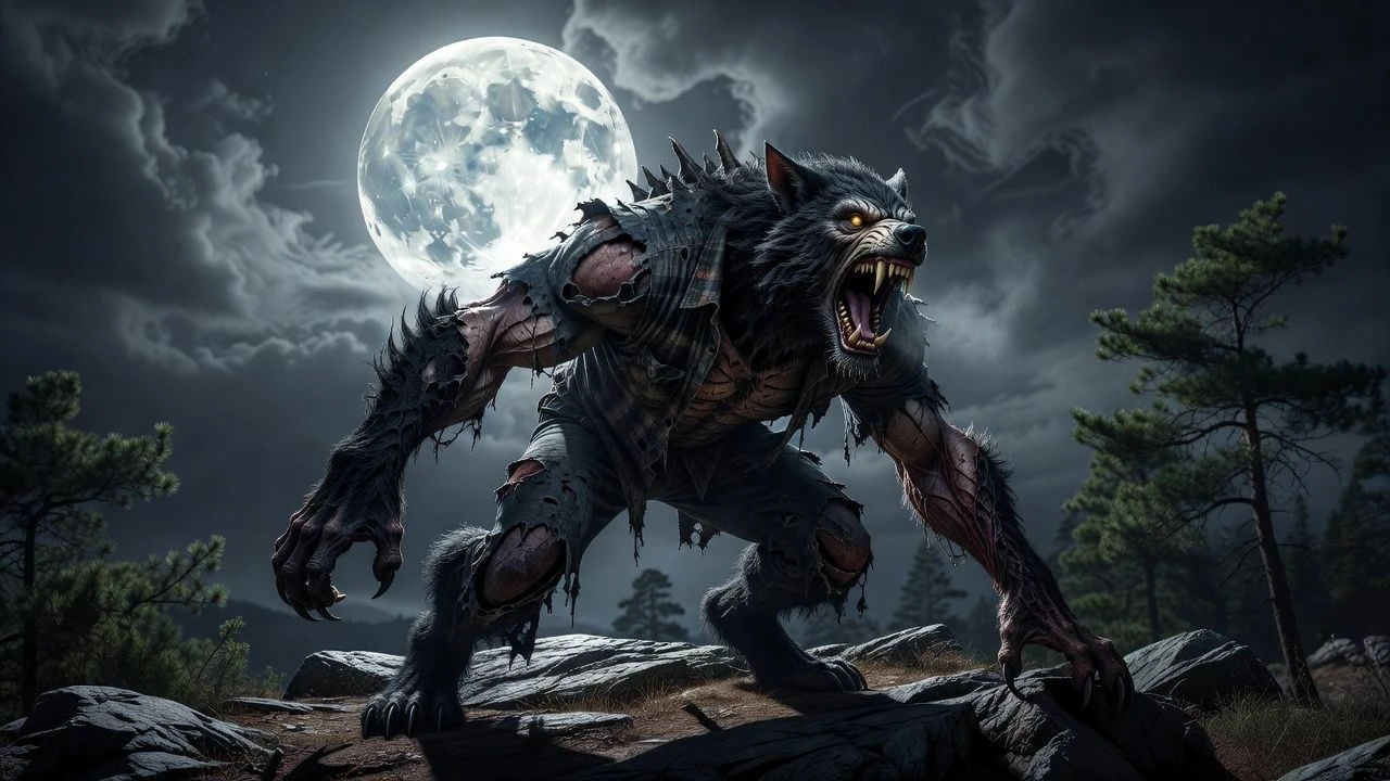 Hulking werewolf mid-transformation under a full moon