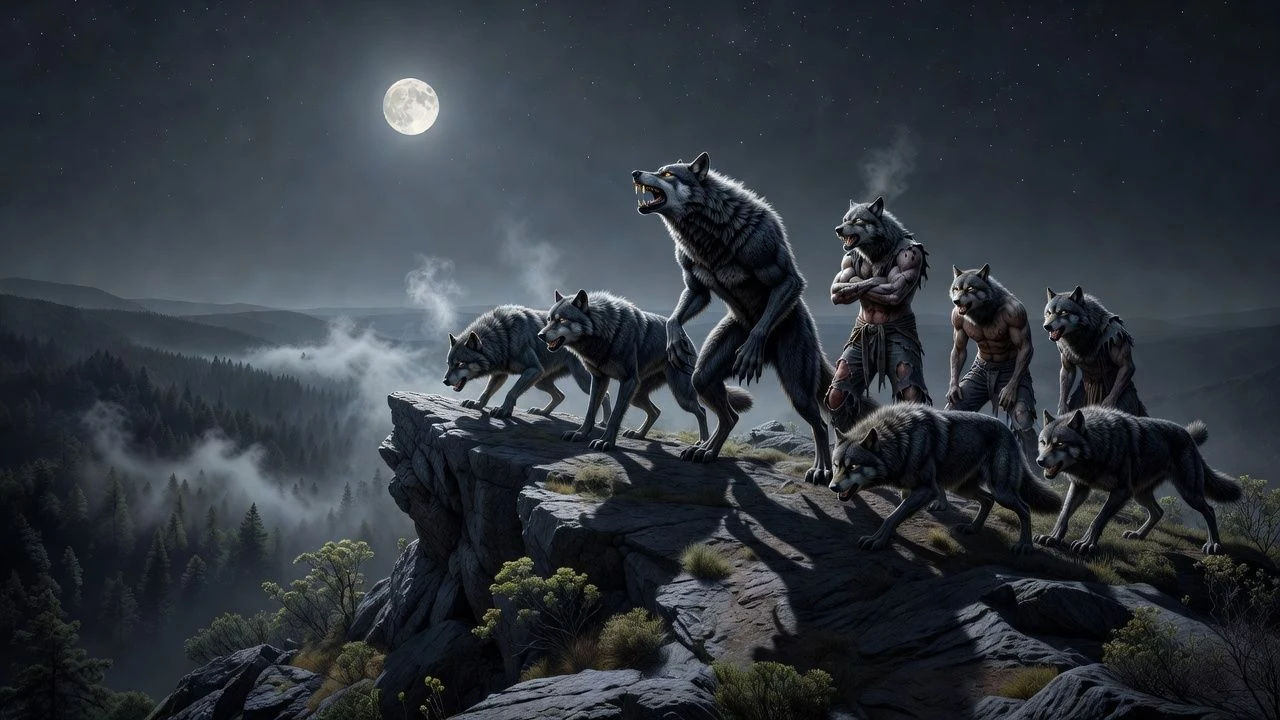 Pack of werewolves gathered on a moonlit ridge