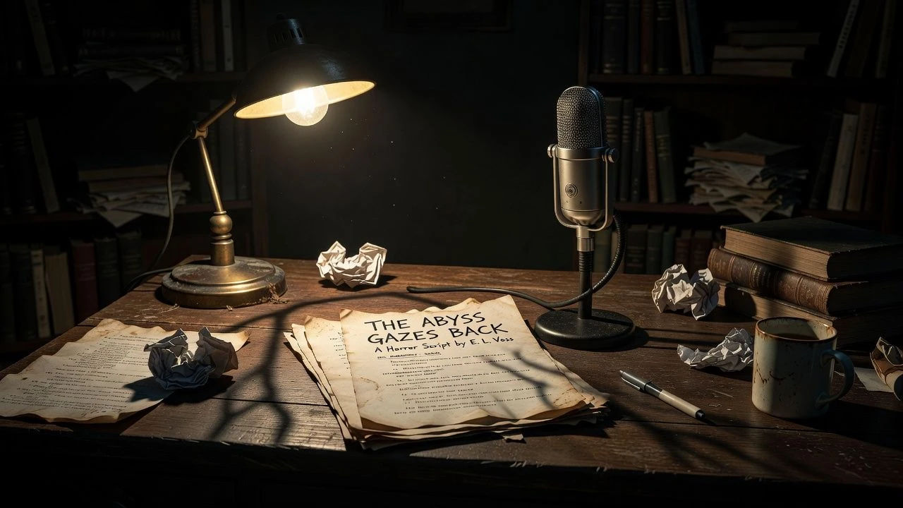 Horror script beside a microphone on a dim wooden desk