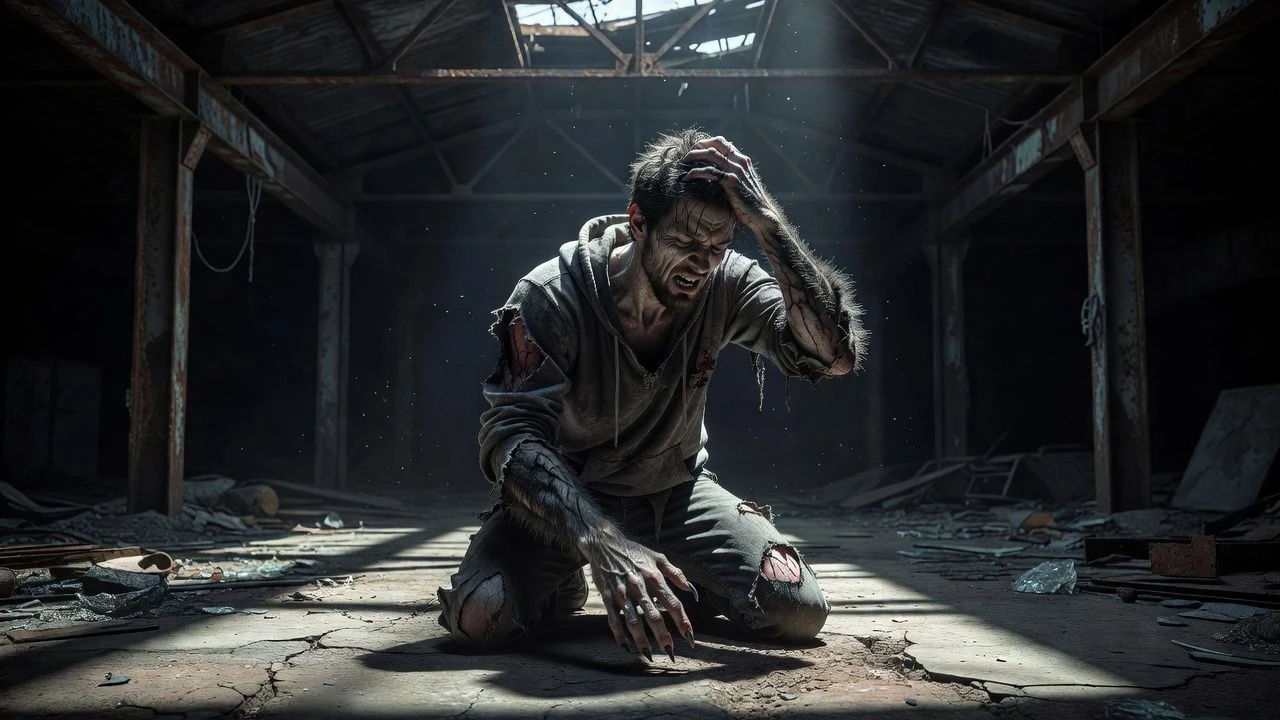Tormented young shifter clutching his head as the change begins