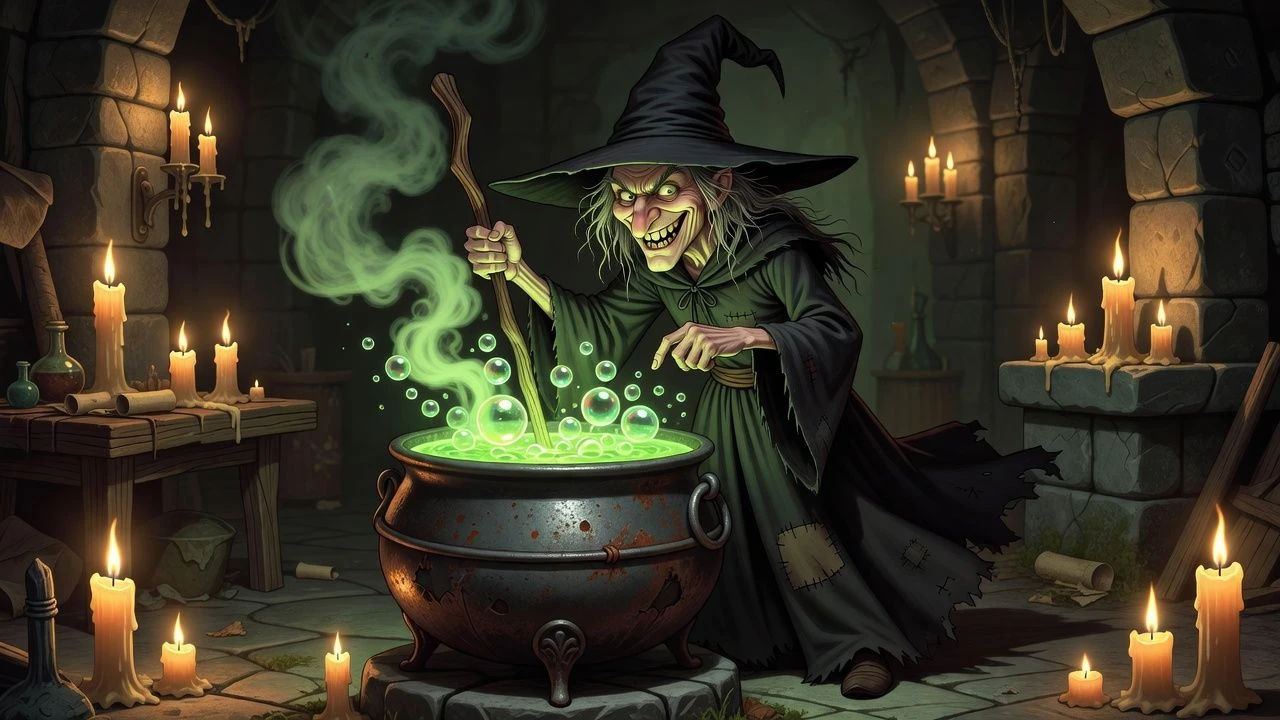 Cartoon witch stirring a bubbling green cauldron by candlelight