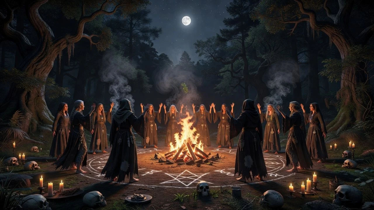 Coven of witches circling a fire in a moonlit forest clearing