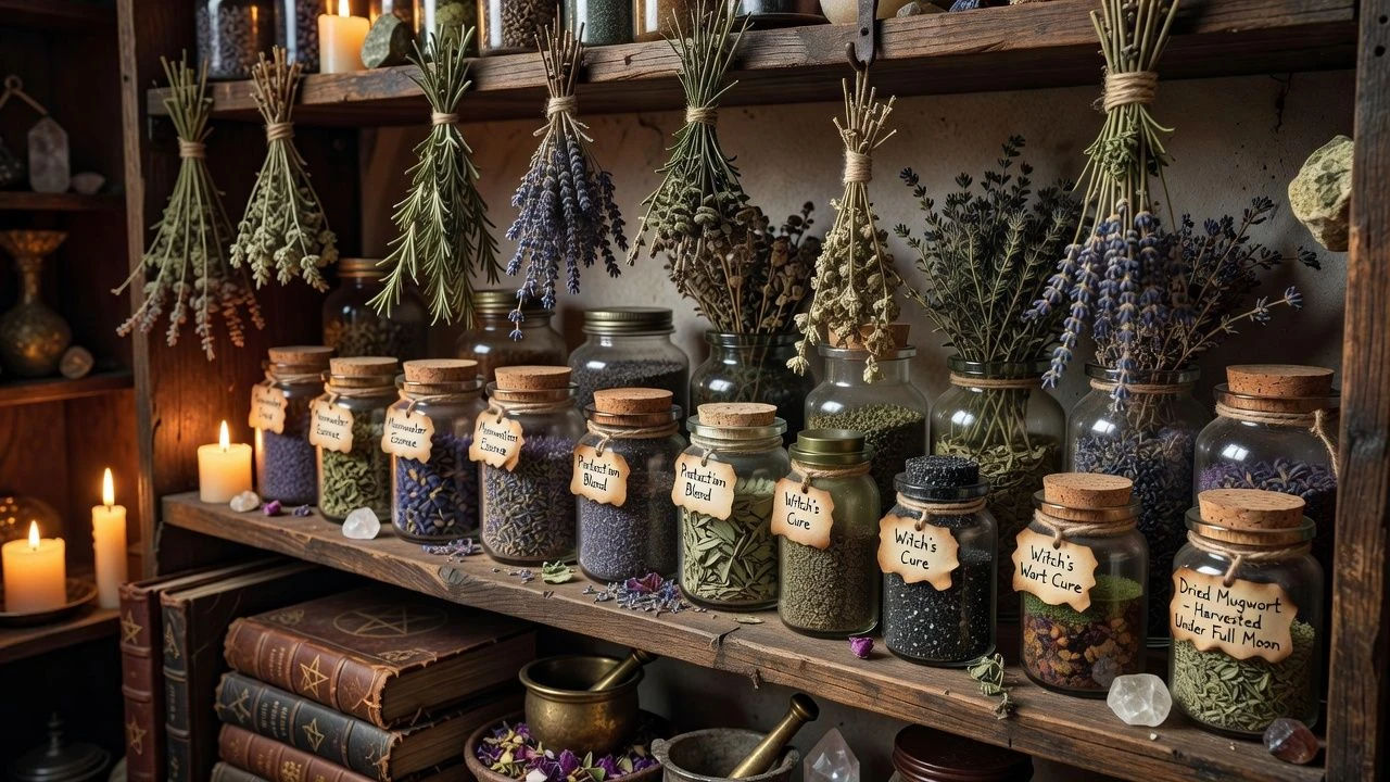 Spell jars and dried herbs on a cluttered witch cottage shelf