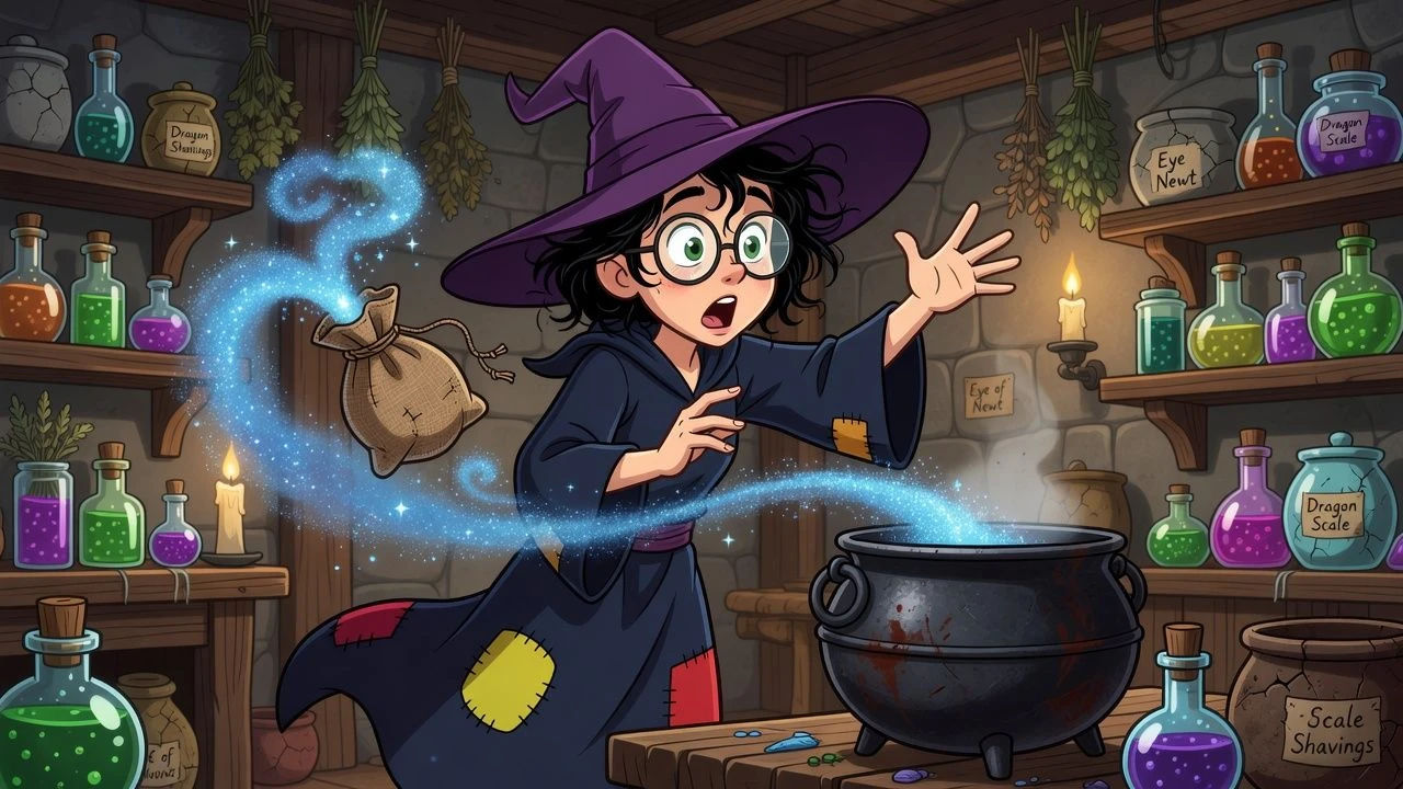 Young cartoon witch dropping a spilled ingredient in surprise