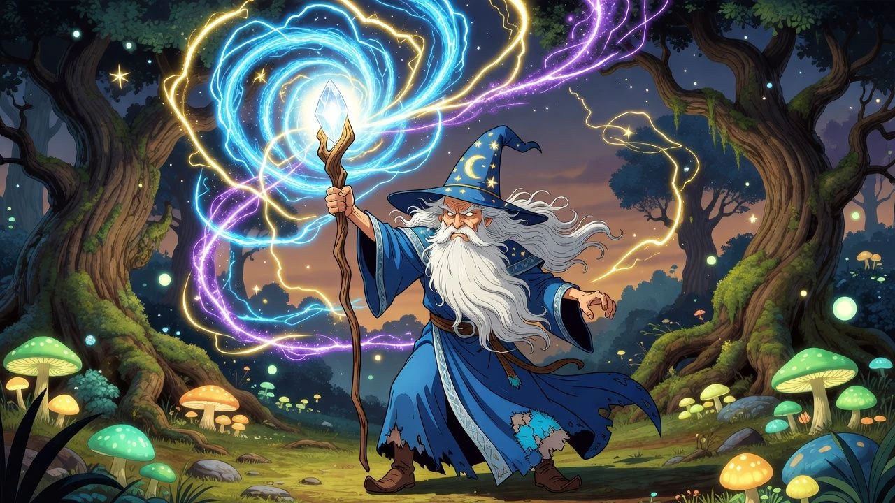 Cartoon wizard casting a glowing spell from a raised staff