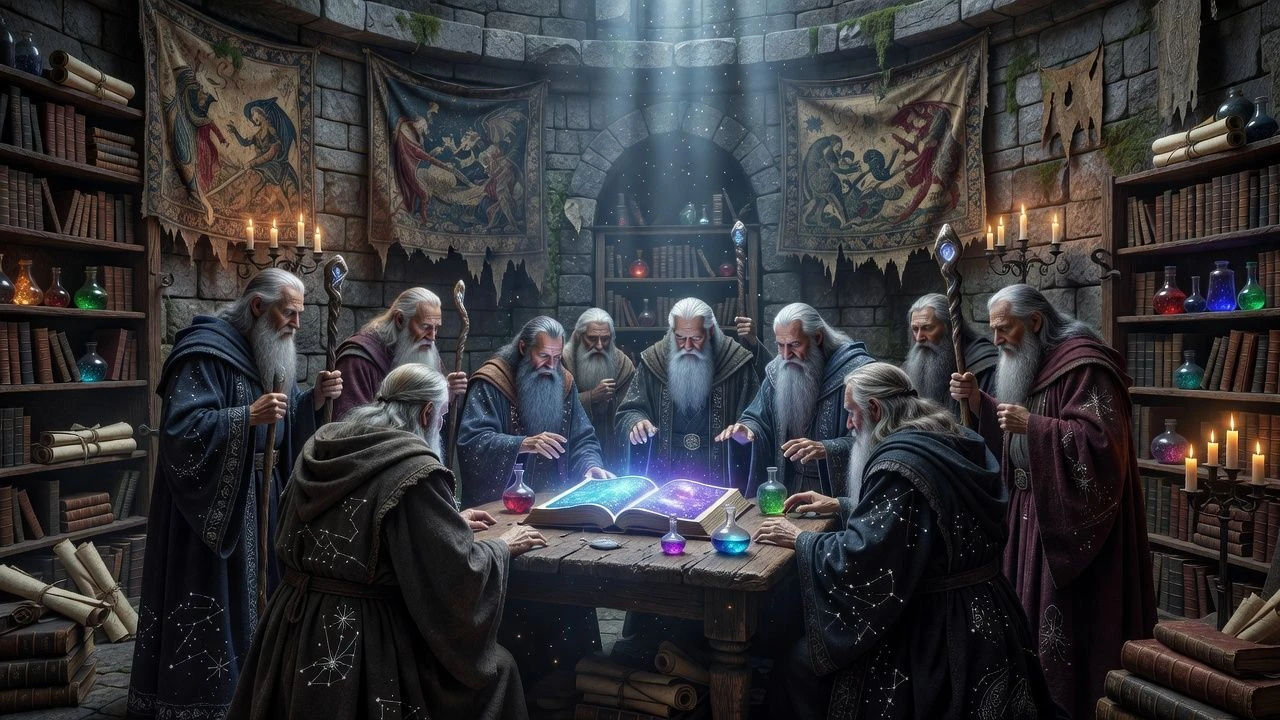 Wizards gathered around a glowing spellbook in a stone tower