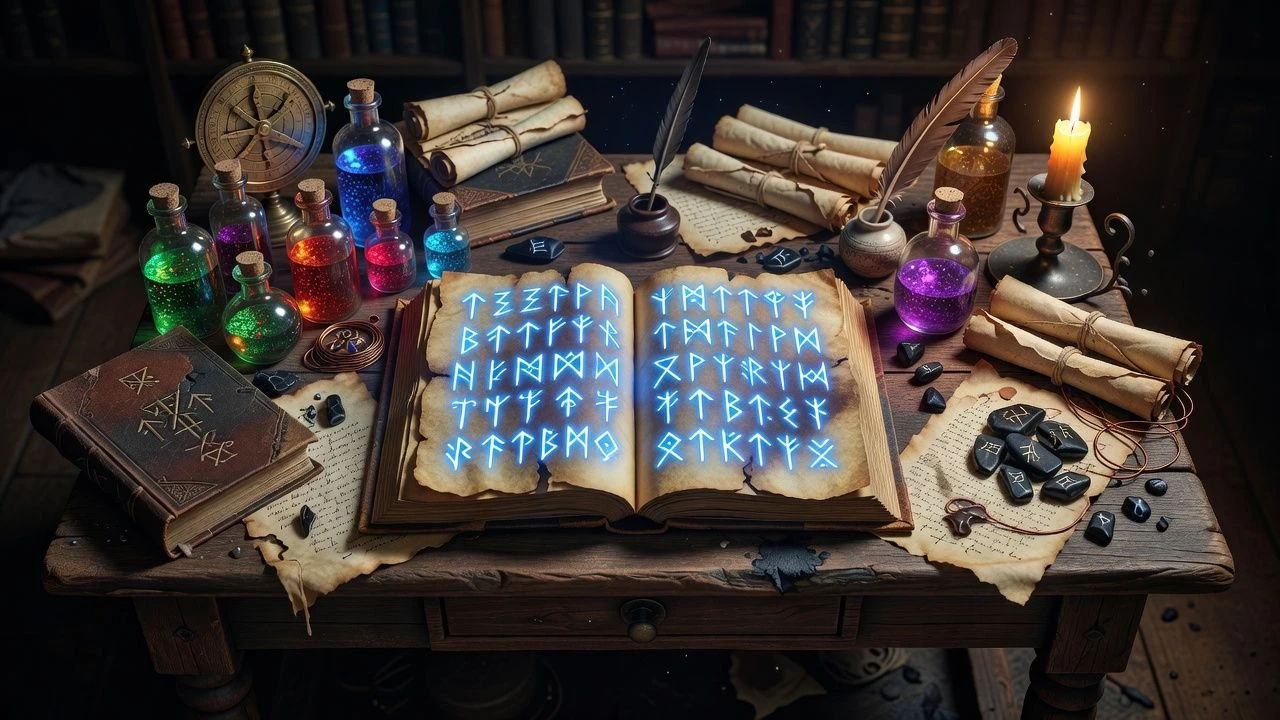 Open spellbook and glowing runes on a cluttered wooden desk