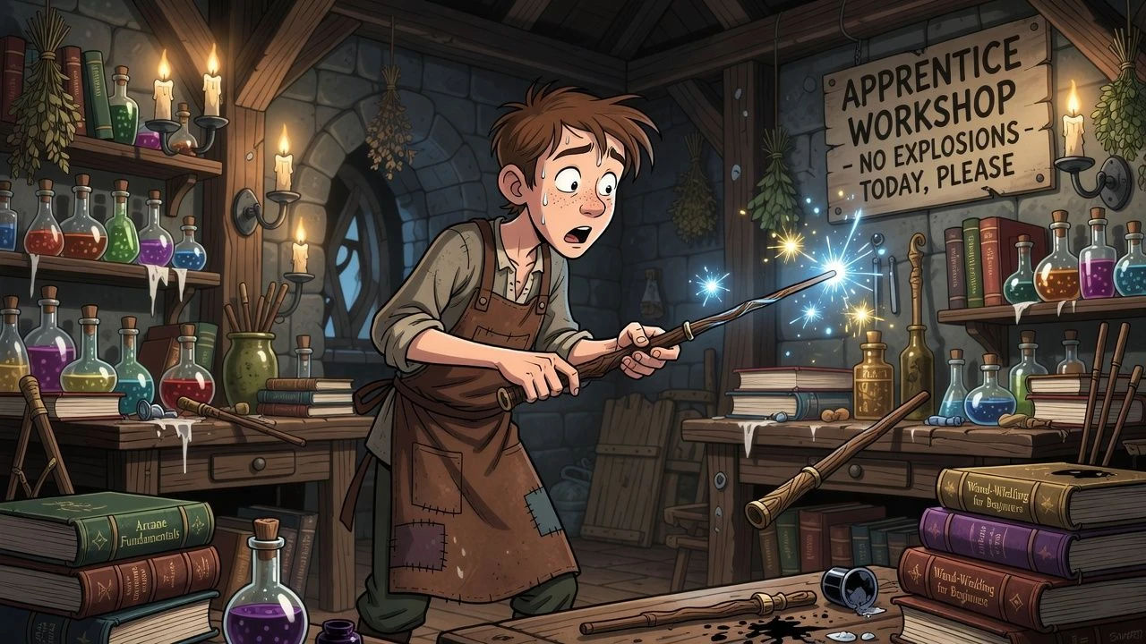 Nervous cartoon apprentice fumbling a wand in a workshop