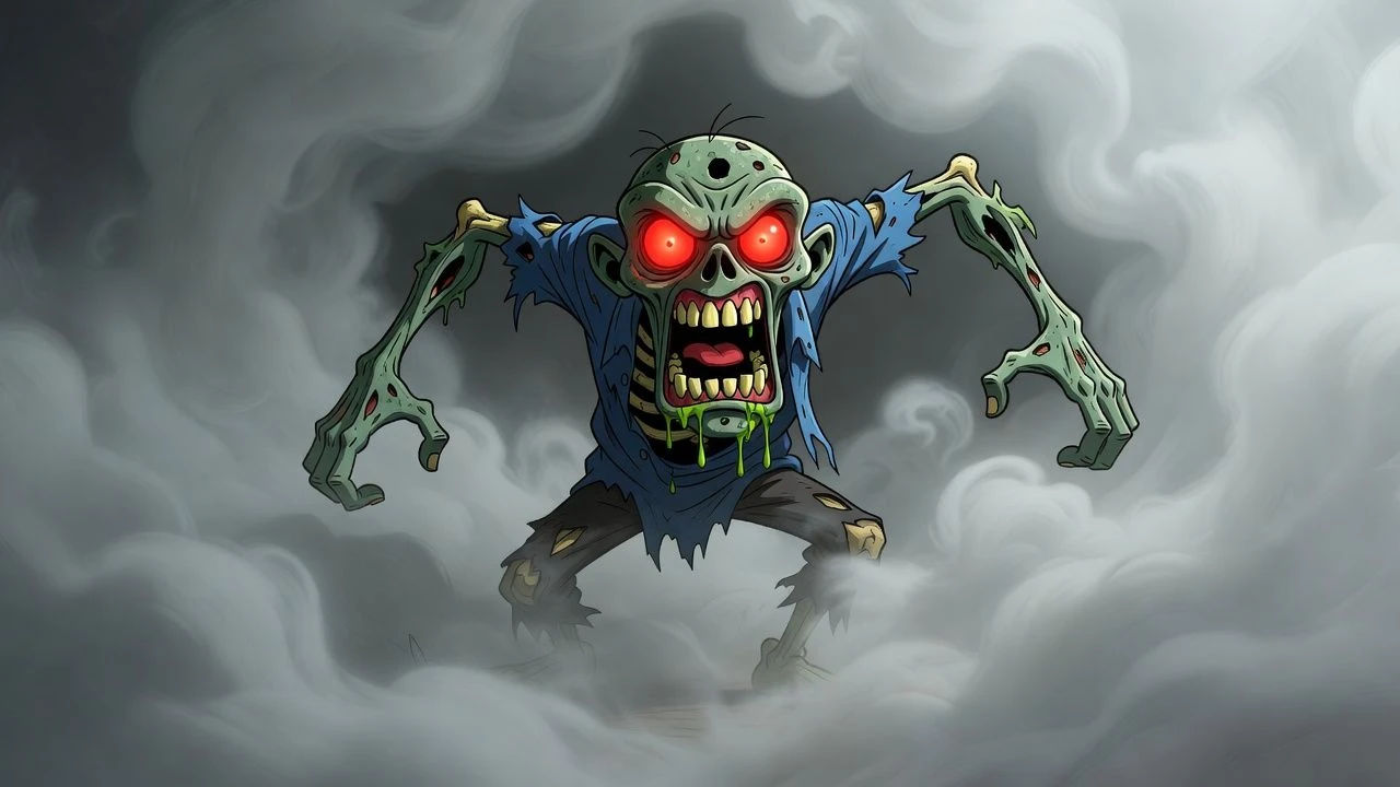Snarling cartoon zombie lurching out of fog toward the viewer