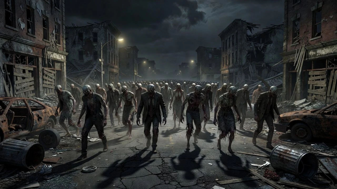 Crowd of shambling zombies filling a dark ruined street