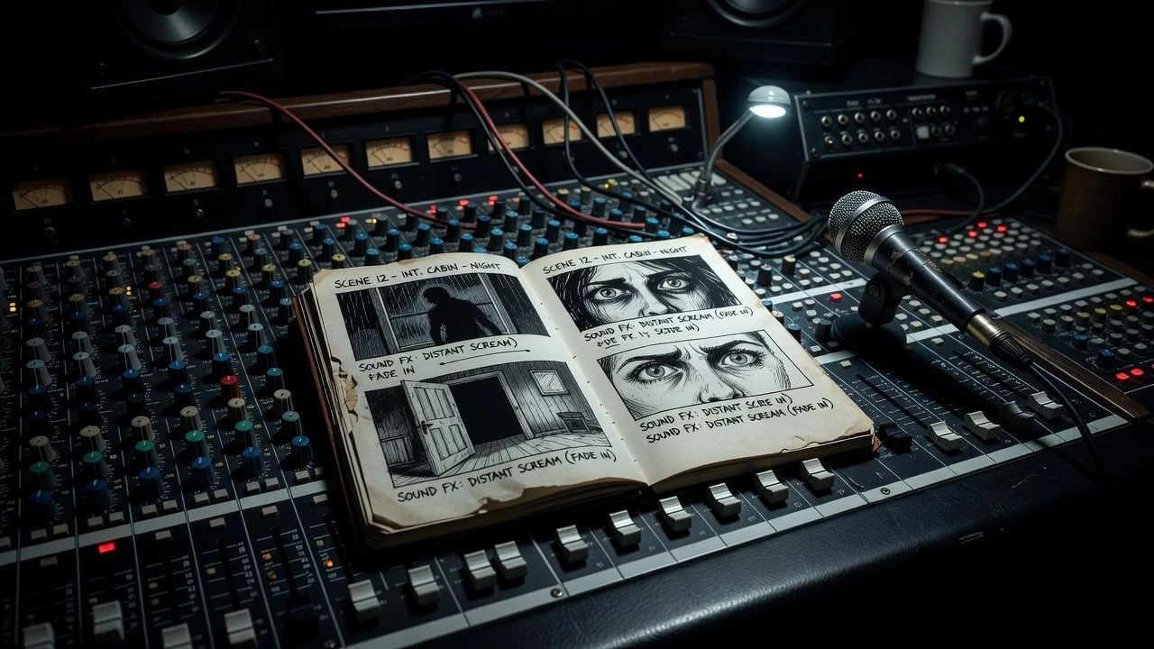 Sound desk with a horror storyboard and a dim microphone