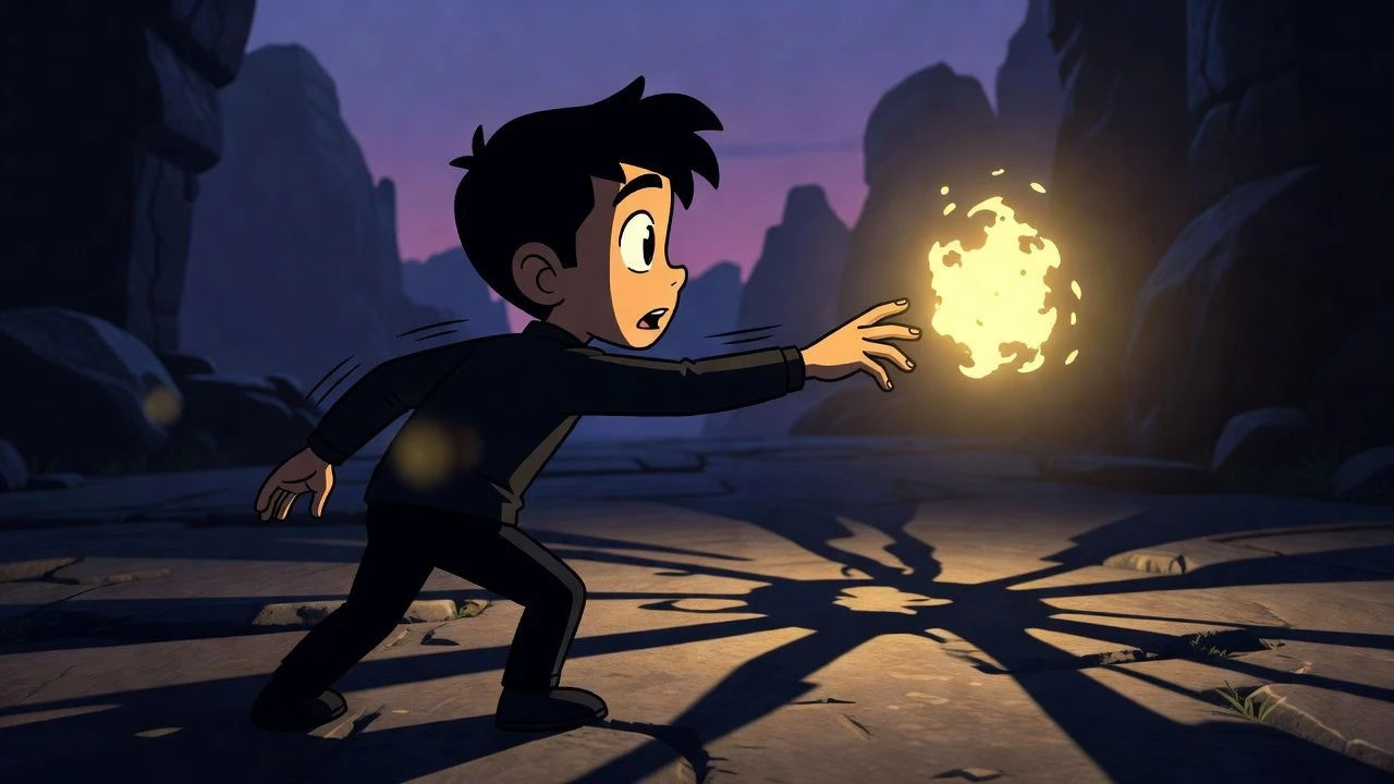 Half-turned cartoon figure reaching toward a flickering light