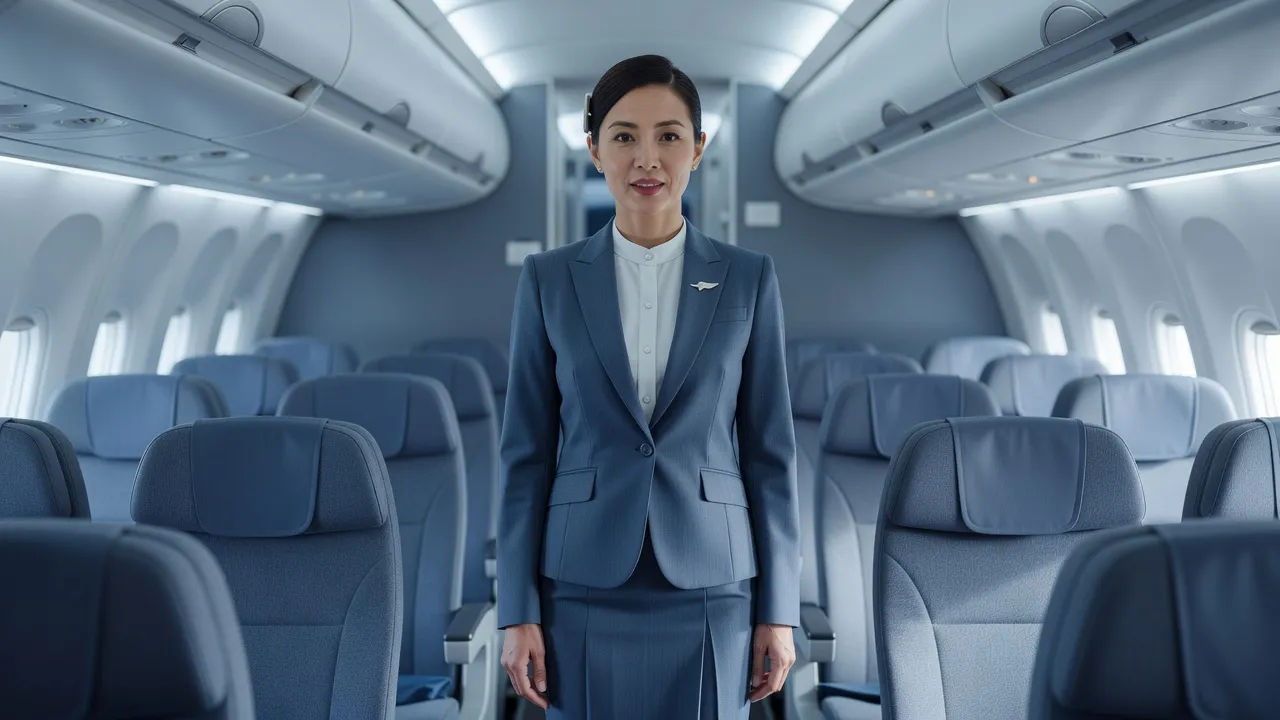 Flight attendant speaking in a bright cabin aisle