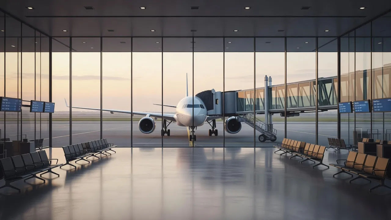Widebody jet at a glass boarding gate at dawn