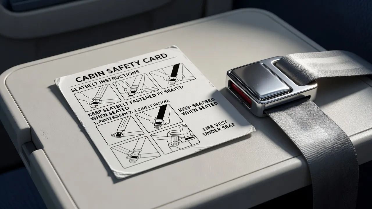Cabin safety card and seatbelt buckle on a tray