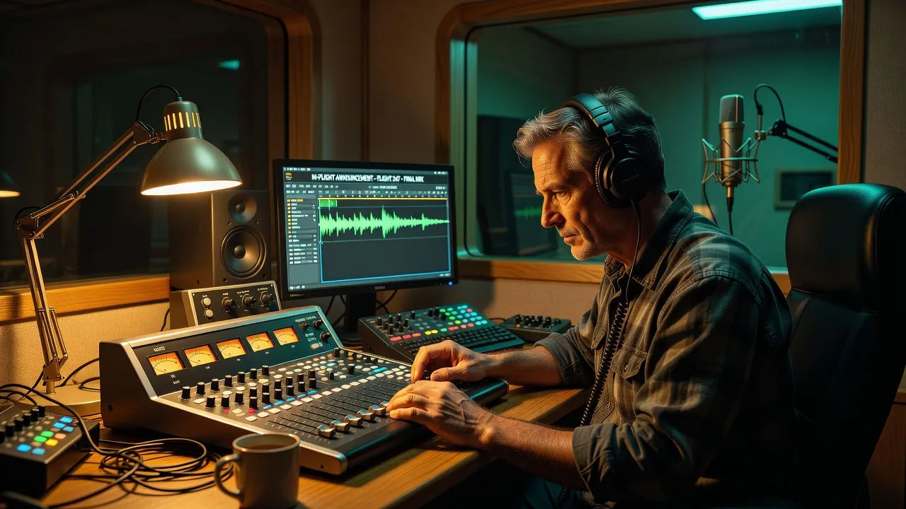 Engineer mixing an in-flight announcement in a booth