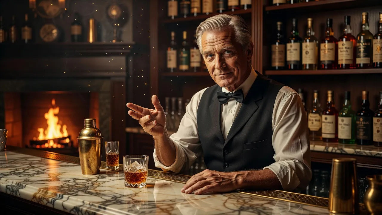 Bartender narrating behind a dim marble bar