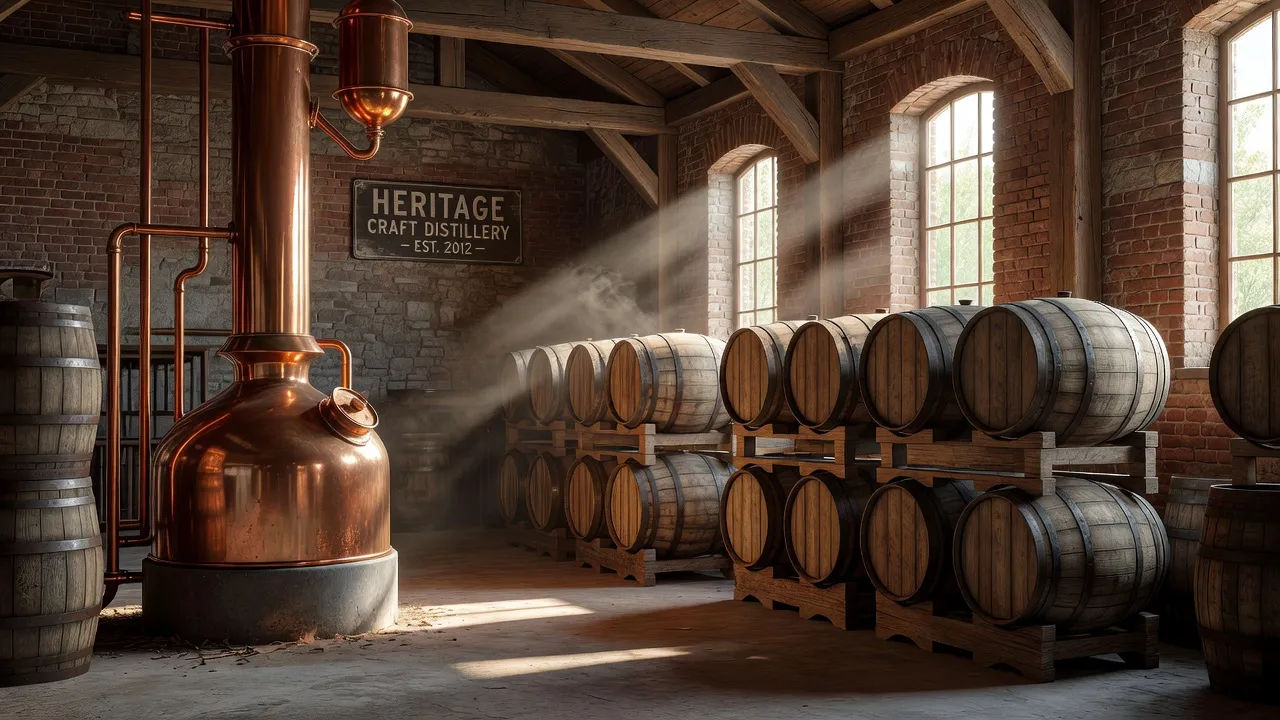 Copper still and oak barrels in a distillery