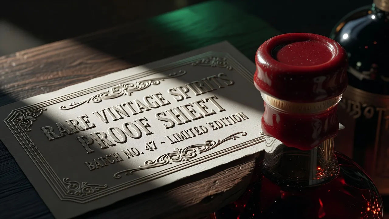 Embossed spirits label proof sheet and sealed bottle