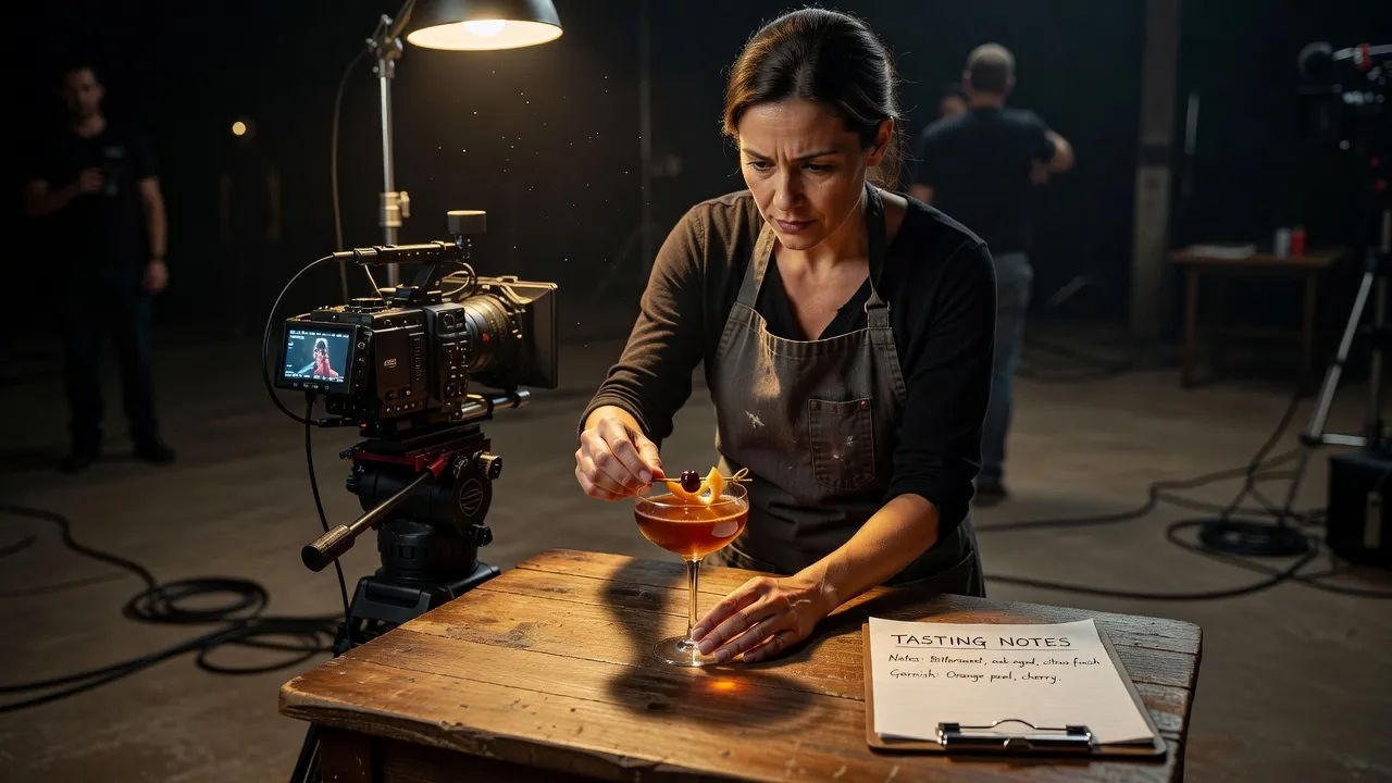 Stylist arranging a cocktail on a film set