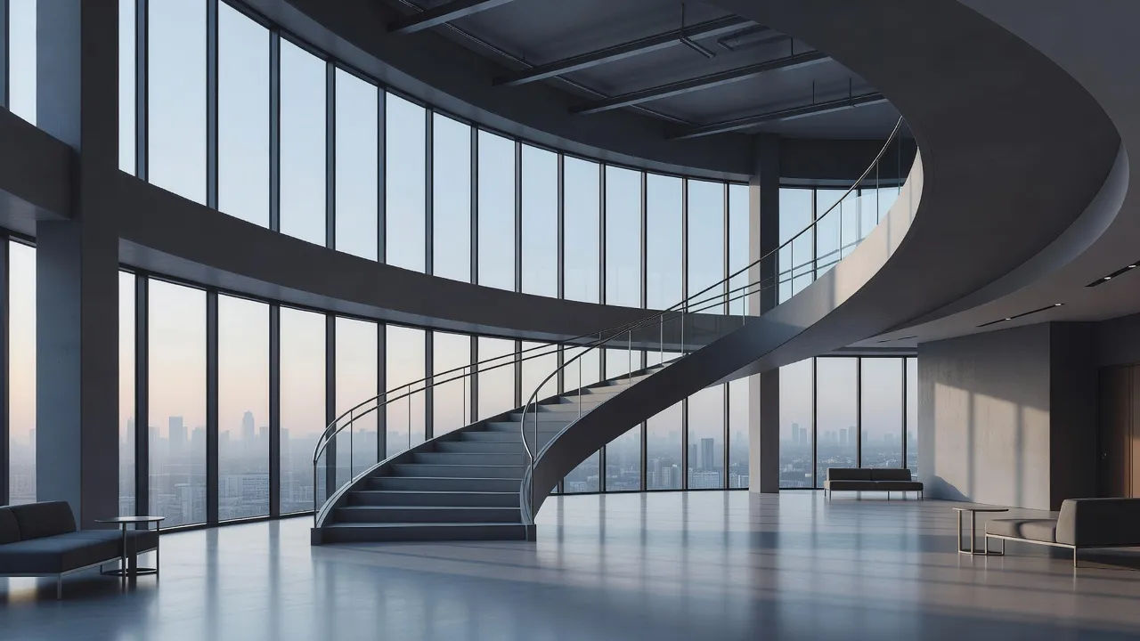 Corporate atrium with a curved staircase