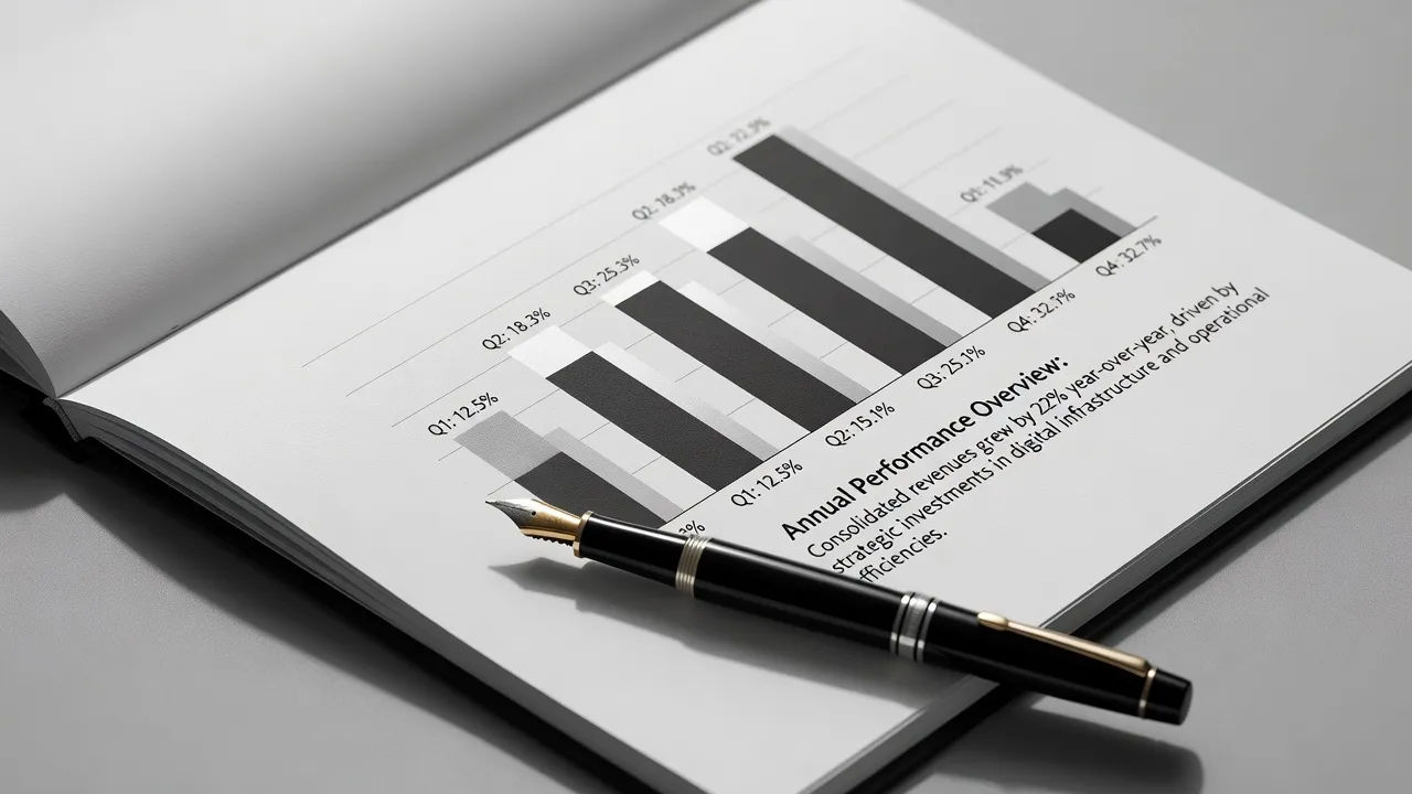 Annual report spread with bar charts and pen