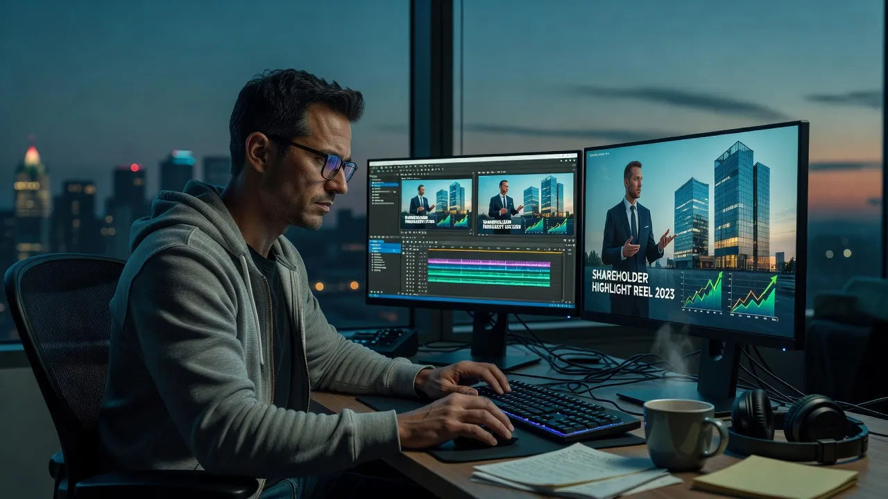 Editor grading a shareholder reel at monitors