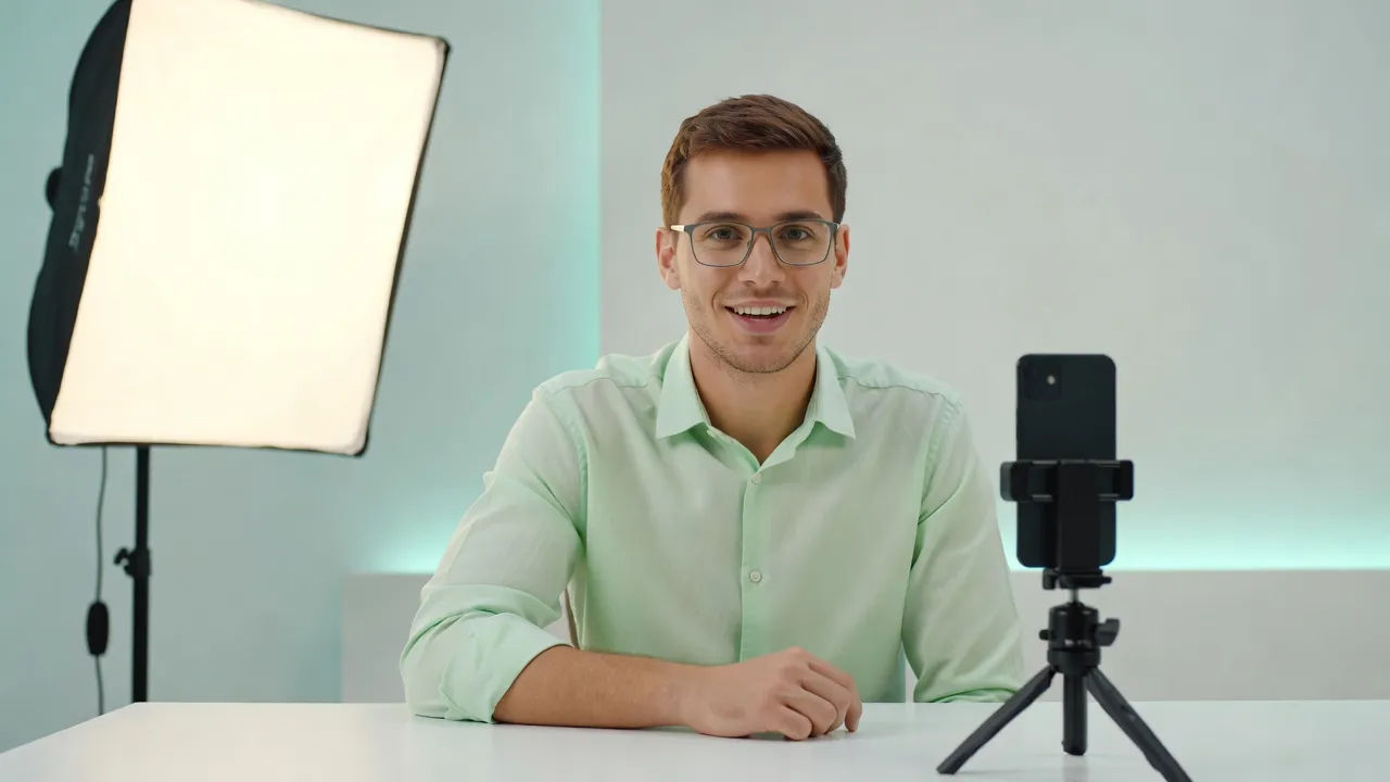 Young man speaking beside a phone on a tripod
