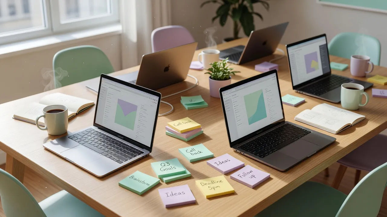 Sunny co-working table with laptops and notes