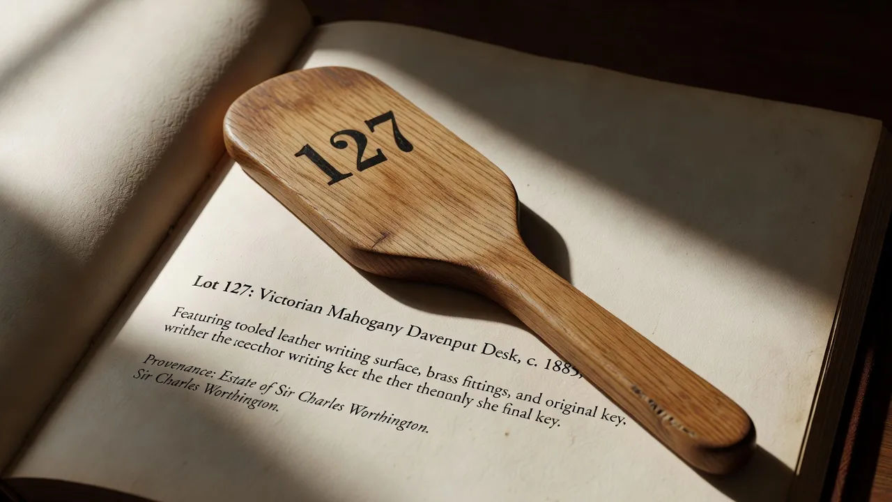 Wooden bid paddle on a lot catalogue